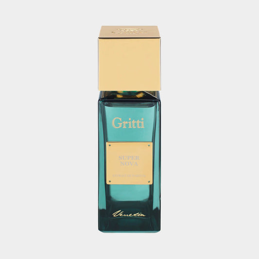 Gritti Super Nova full bottle featuring an elegant, turquoise glass design topped with a gold square cap and a stylish label. The fragrance is presented in a luxurious, sophisticated manner.
