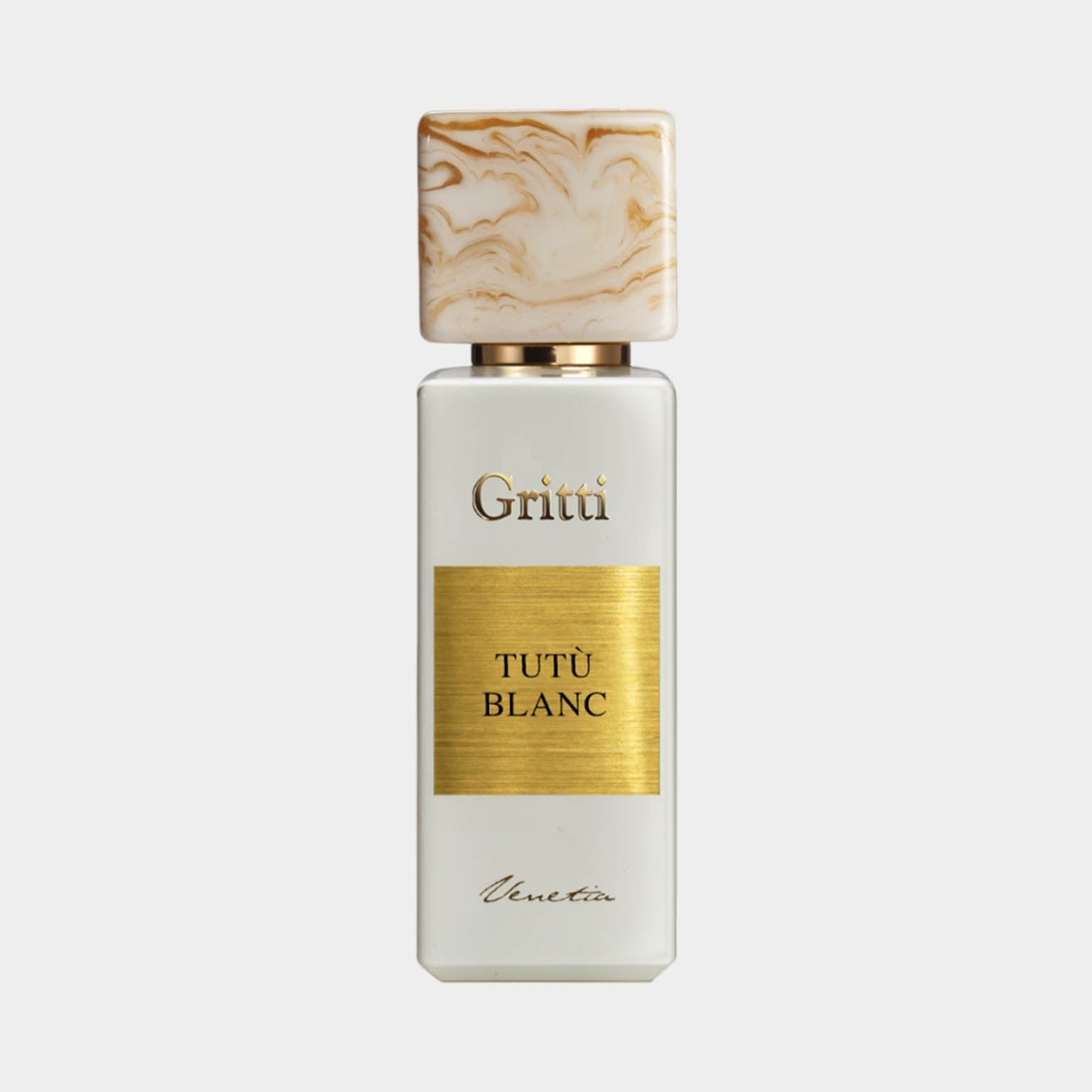 Gritti Tutù Blanc EDP Sample features an elegant white bottle with a marbled cap and gold accents. The design reflects a luxurious and sophisticated fragrance experience.