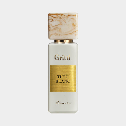Gritti Tutù Blanc EDP Sample features an elegant white bottle with a marbled cap and gold accents. The design reflects a luxurious and sophisticated fragrance experience.