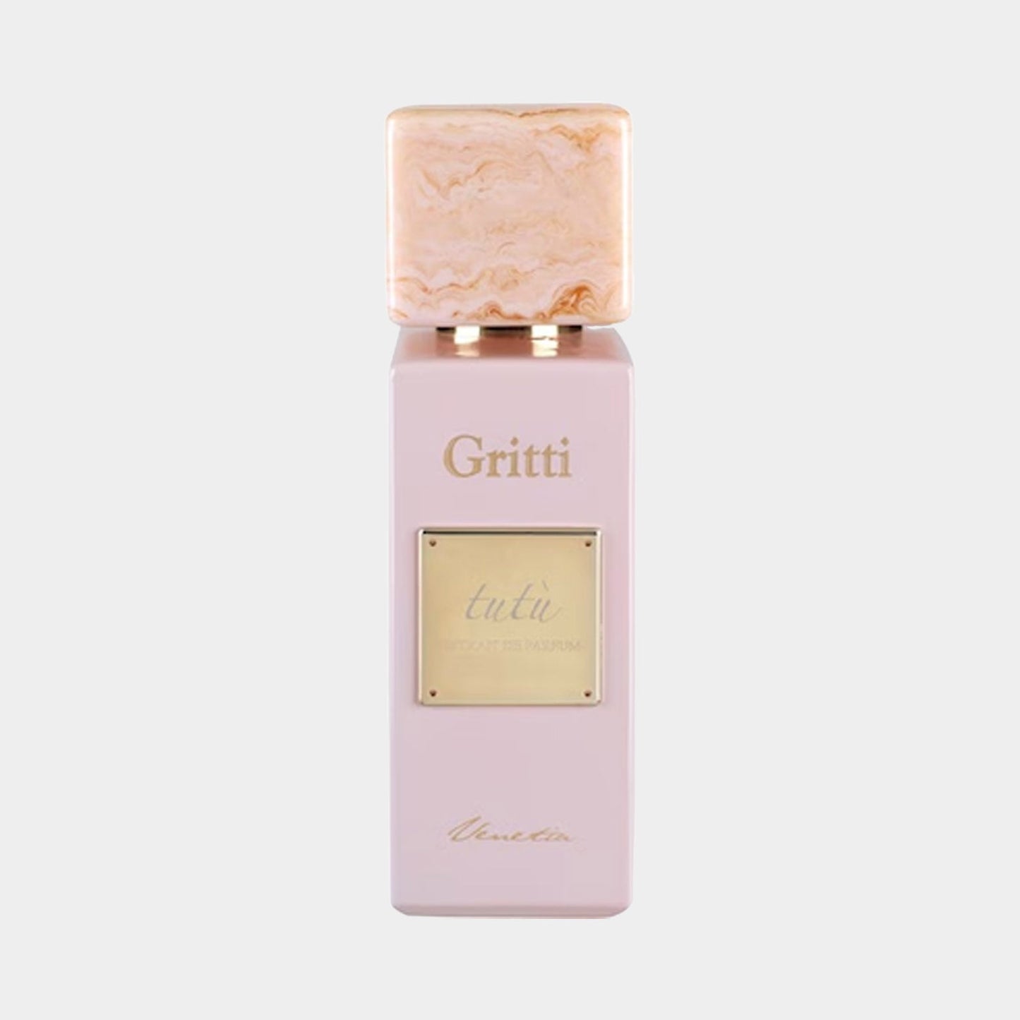 A full bottle of Gritti Tutù Pink EXDP perfume, featuring a sleek pink bottle with a textured marble cap and a gold label.