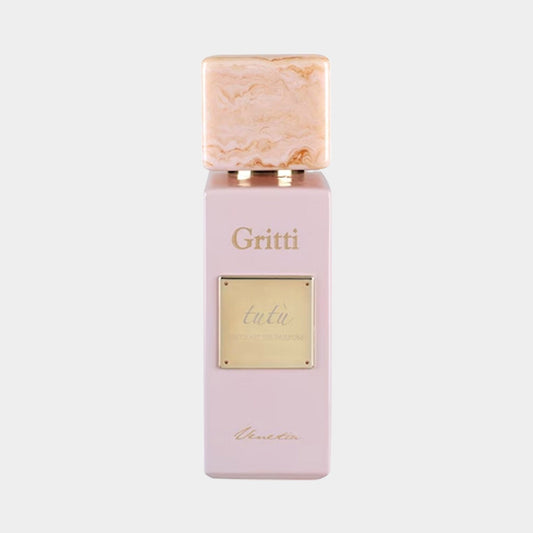 A stylish pink perfume bottle labeled Gritti Tutù Pink EXDP Sample, featuring a marble cap and an elegant gold accent on the front.