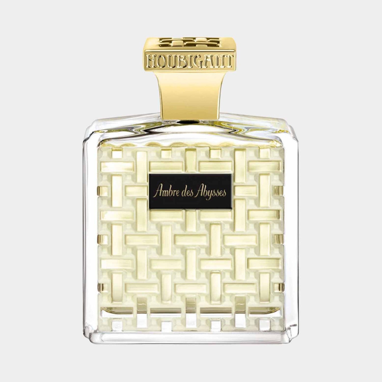 A full bottle of Houbigant Ambre des Abysses fragrance, featuring an intricate woven design on the glass and a sleek gold cap, exuding elegance and sophistication.