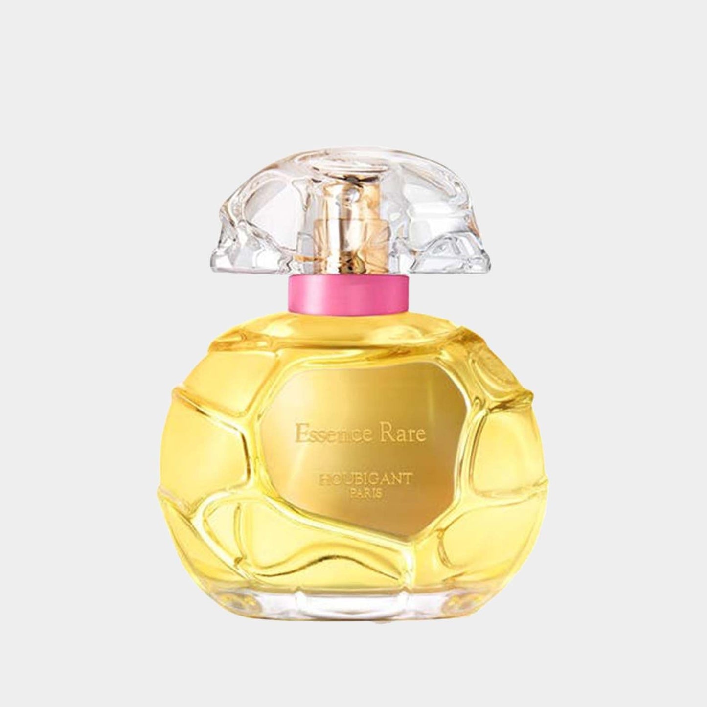 A full bottle of Houbigant Essence Rare perfume, featuring an elegant, round design with a textured golden-yellow glass bottle and a stylish clear cap. The bottle is adorned with a pink accent, embodying luxury and sophistication.
