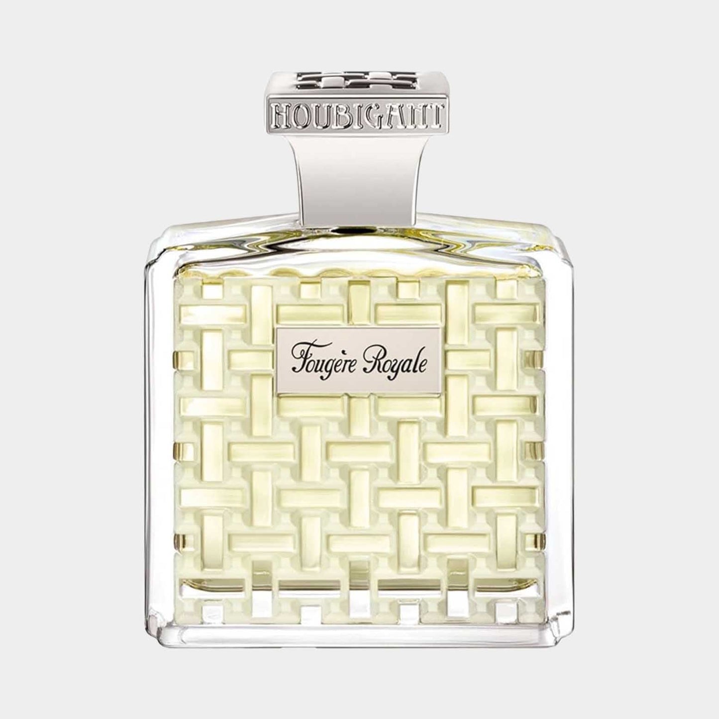 A full bottle of Houbigant Fougere Royale, featuring a clear glass design with a woven pattern and a sleek silver cap, showcasing the light yellow fragrance inside.
