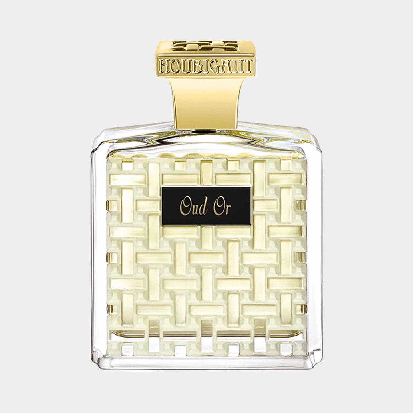A full bottle of Houbigant Oud Or, featuring an elegant glass design with a woven pattern and a gold cap. The label displays the name Oud Or prominently.