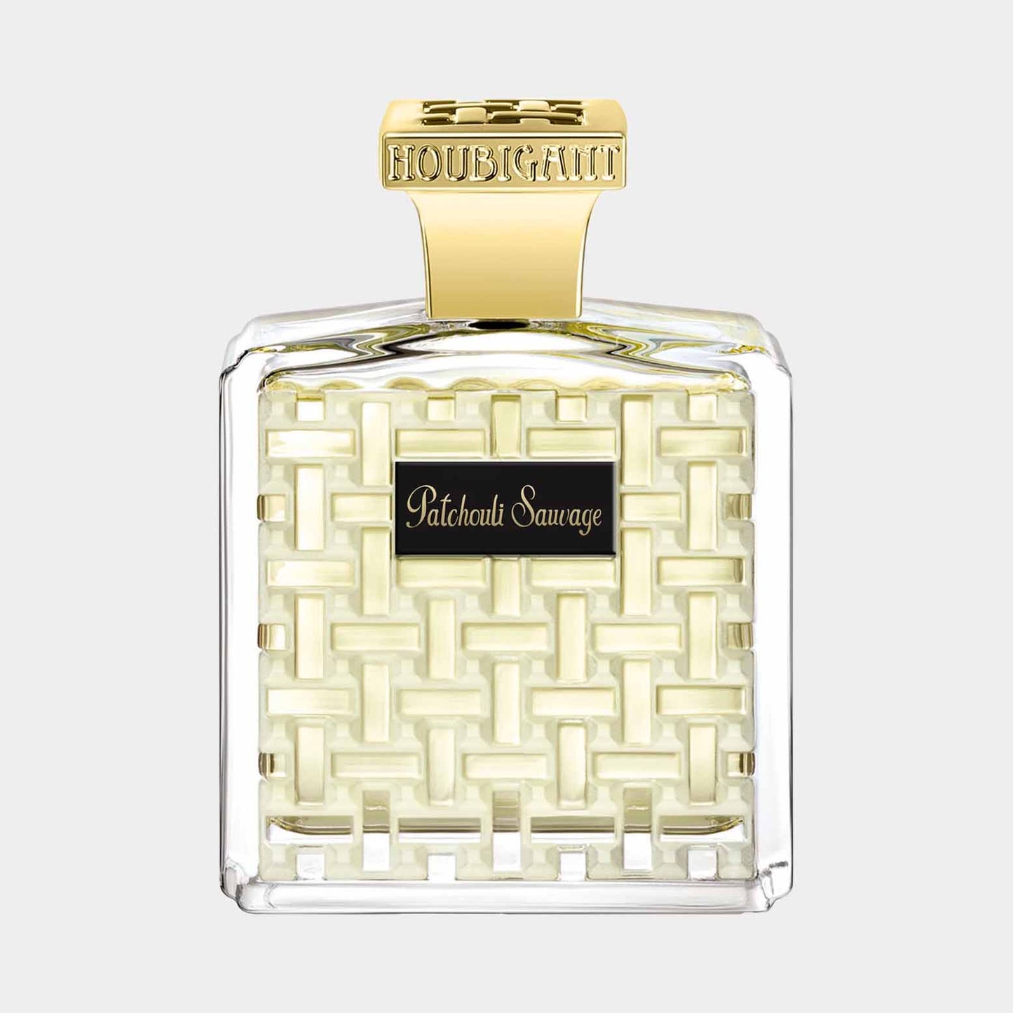 A full bottle of Houbigant Patchouli Sauvage, featuring an elegant clear glass design with a woven pattern and a gold cap.