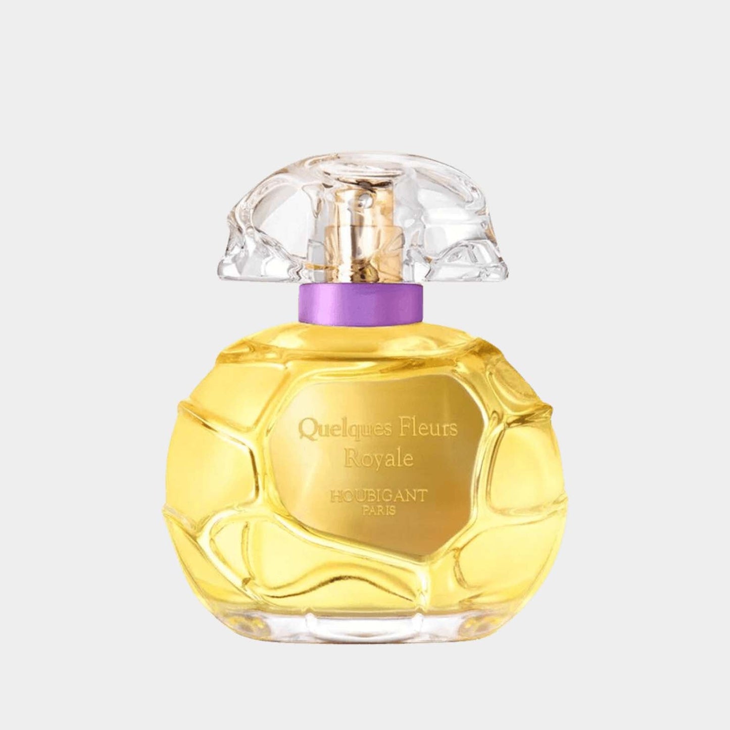 A full bottle of Houbigant Quelques Fleurs Royale perfume, featuring an elegant, faceted glass design with a translucent cap and a gold liquid inside. The bottle is accented with a purple band around the neck, showcasing its luxurious appeal.
