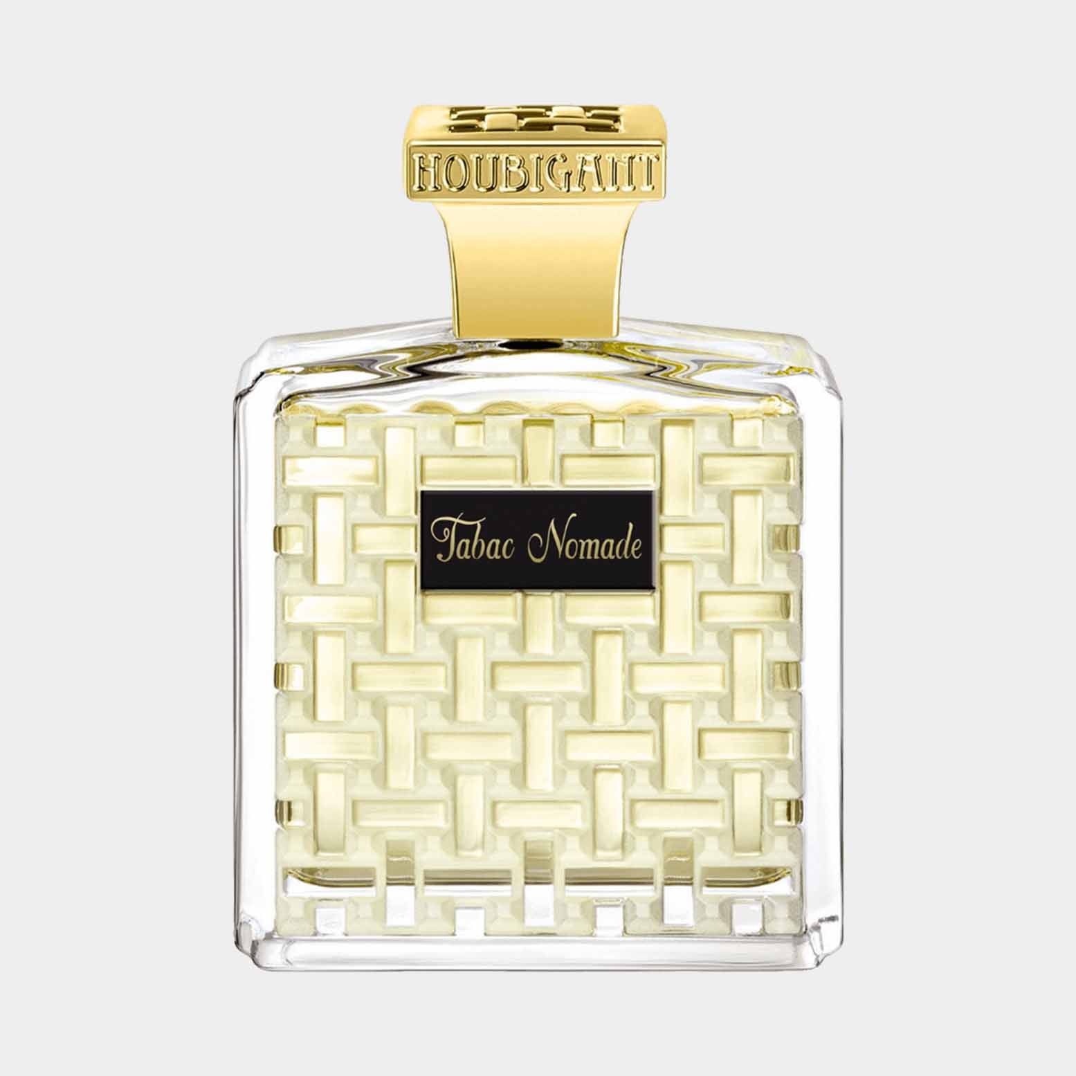 Houbigant Tabac Nomade full bottle featuring a textured glass design with a gold cap and a black label.
