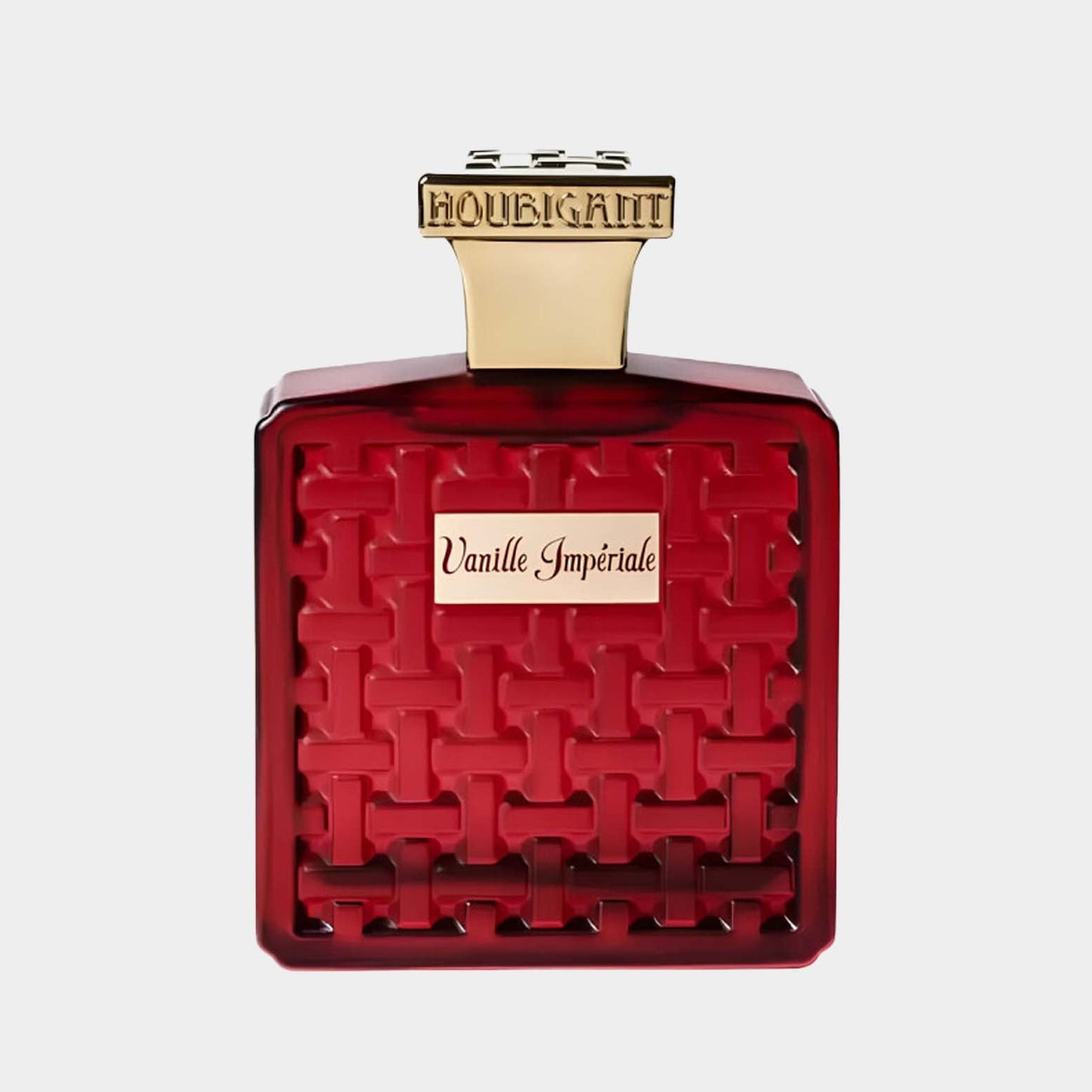 A full bottle of Houbigant Vanille Impériale, featuring a striking red glass design with a gold cap and an intricate woven pattern. The label displays the fragrance name elegantly.