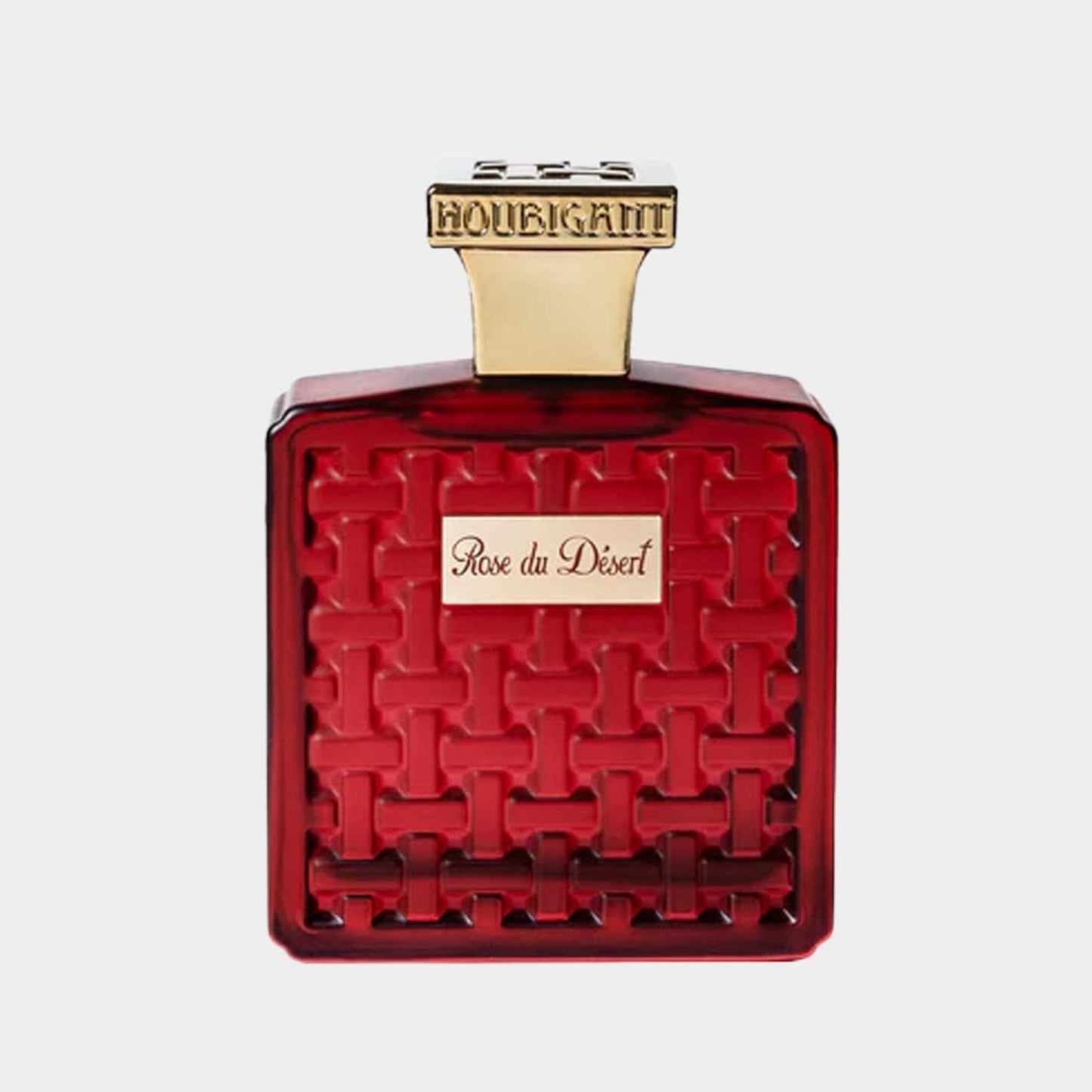 Houbigant Rose du Desert full bottle showcasing a striking red woven-pattern design with a gold cap and label. The elegant bottle evokes a sense of luxury and sophistication.