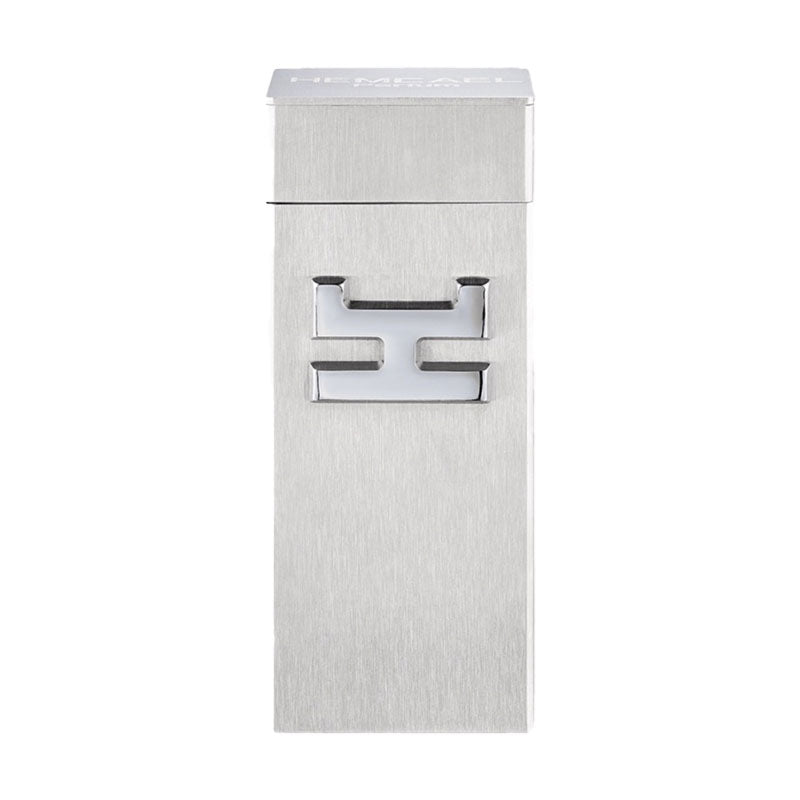 Hemcael Abel Sample, featuring a sleek, minimalist silver container with a unique geometric design on the front, ideal for showcasing fragrance or beauty products.