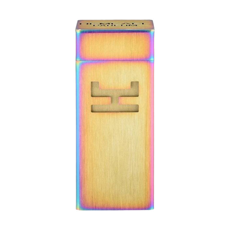 Hemcael Glacialis Sample featuring a sleek, metallic design with a rainbow iridescent finish and a minimalist cut-out pattern on the front.