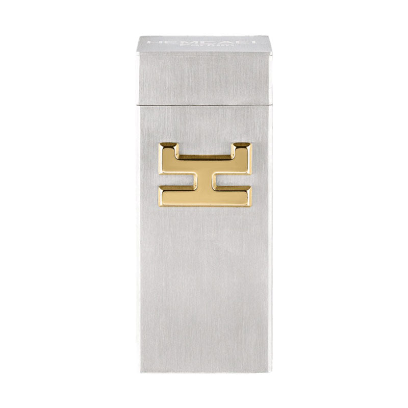 A sleek metallic package for the 'Hemcael Horruit Sample,' featuring a minimalist design with a prominent gold accent. The sophisticated packaging reflects elegance and modernity.