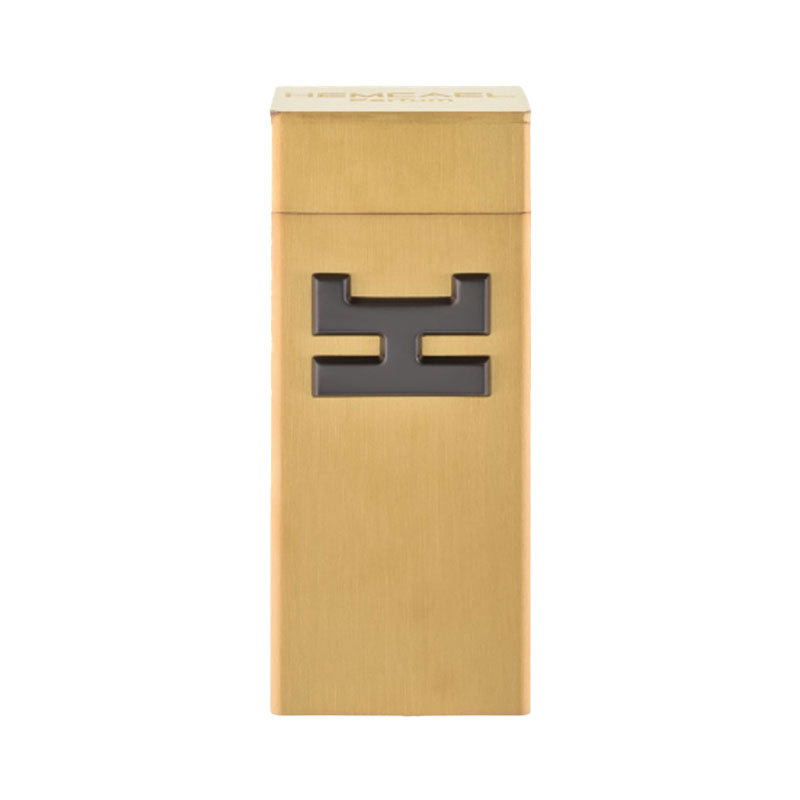 A sleek, gold-colored box with a modern black emblem, labeled as Hemcael Raris Sample, showcasing an elegant and minimalistic design.