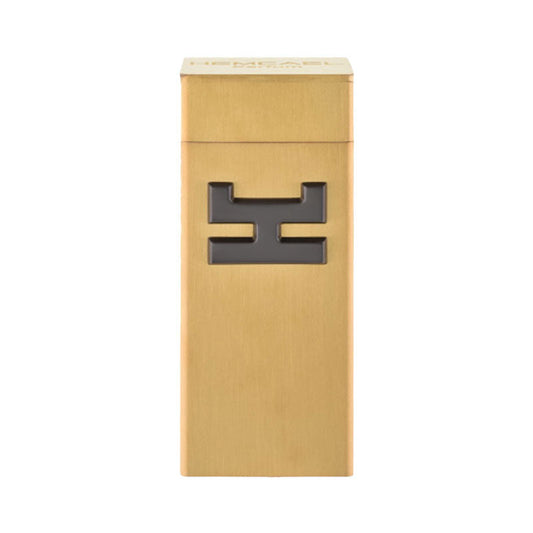 A full bottle of Hemcael Raris, featuring a sleek gold exterior with a modern black emblem, showcasing its luxurious design.