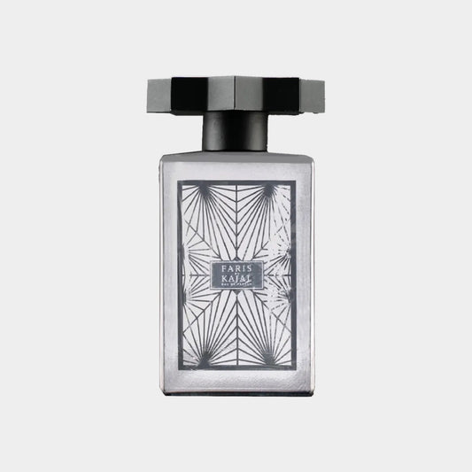 A sleek perfume bottle labeled 'Kajal Faris Sample', featuring an intricate black and white geometric design and a stylish cap.