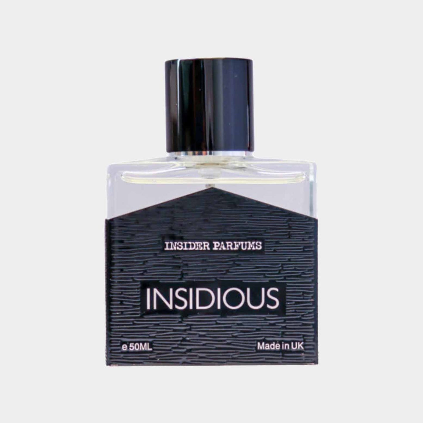 A 50ml sample bottle of Insider Parfums Insidious, featuring a sleek design with a black label and a shiny black cap. The bottle is clear, showcasing the fragrance inside.