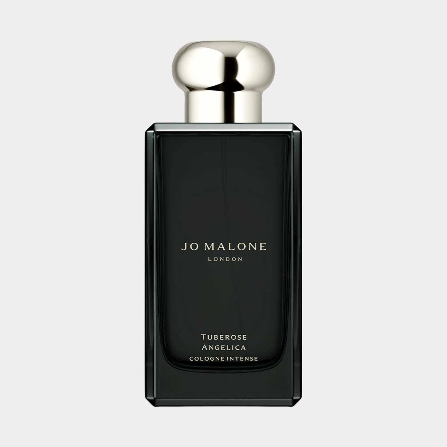 A sleek, dark bottle of Jo Malone London Tuberose Angelica Sample, featuring a polished silver cap and elegant minimalist design. The label displays the fragrance name prominently.