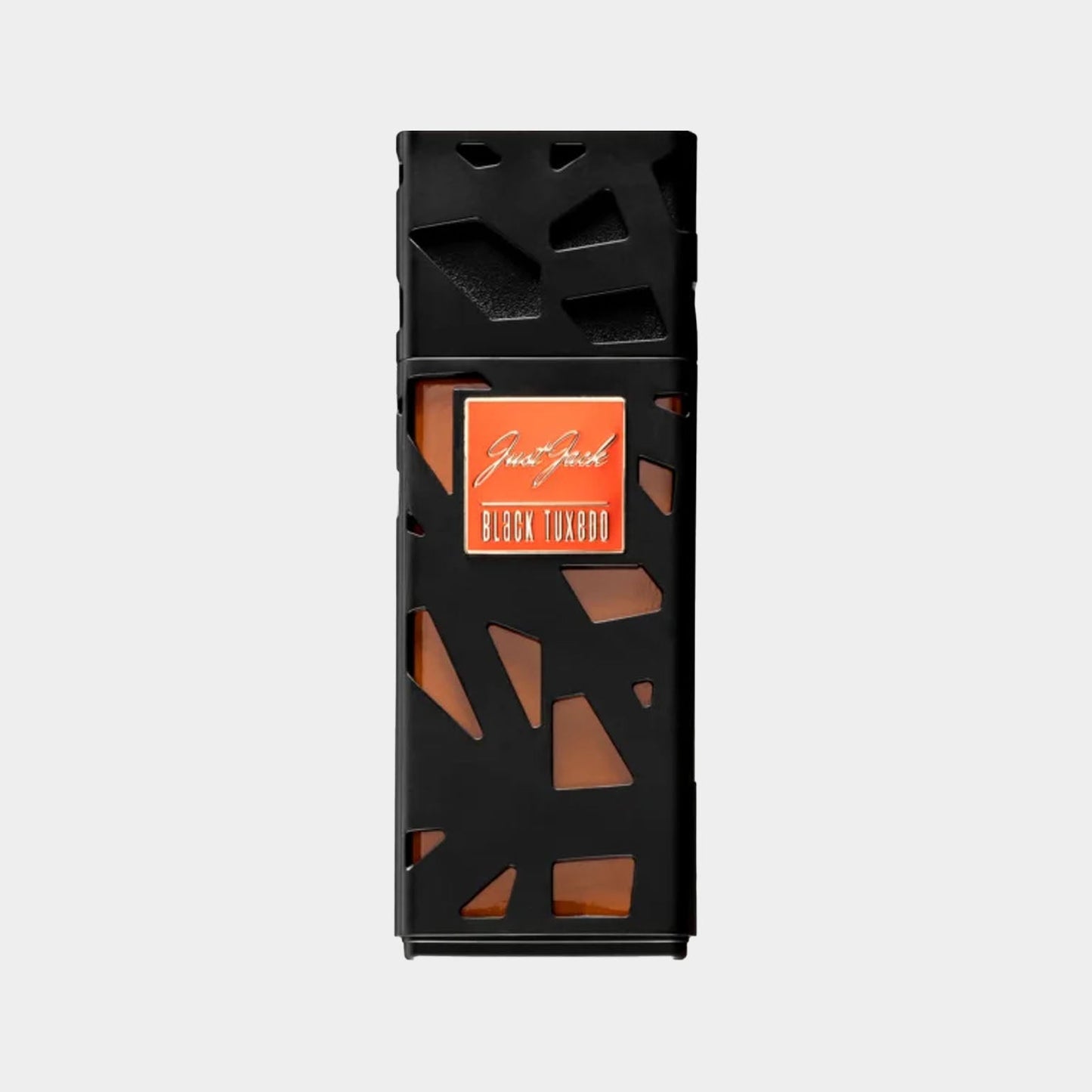 A sleek black bottle of Just Jack Black Tuxedo Sample featuring an artistic geometric design, showcasing a warm amber fragrance inside.