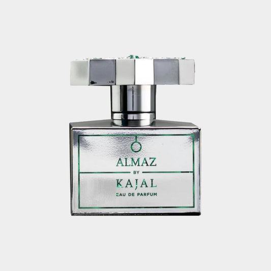 Kajal Almaz Sample fragrance bottle featuring a sleek, silver design with a decorative cap and a label that reads 'ALMAZ by KAJAL - EAU DE PARFUM.'