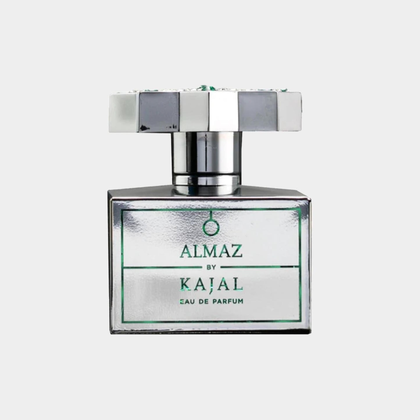 A full bottle of Kajal Almaz Eau de Parfum, featuring a sleek, mirrored design with a decorative cap and an elegant label.