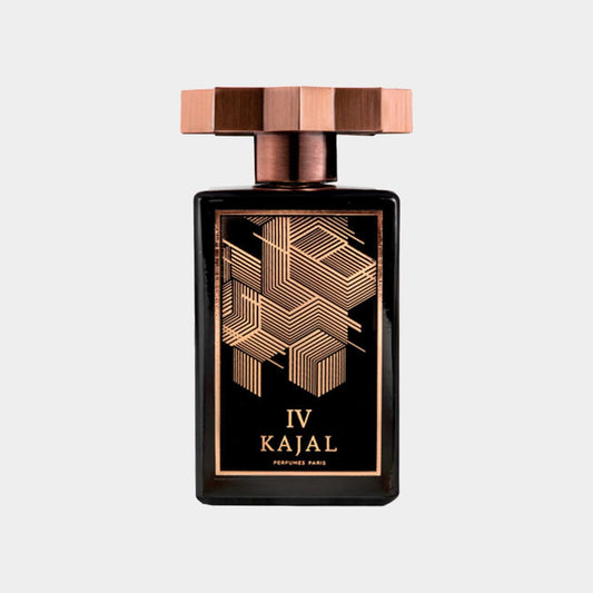 A sleek black perfume bottle with a geometric design and a copper-tone cap, labeled IV Kajal Sample, showcasing its elegant and modern aesthetic.