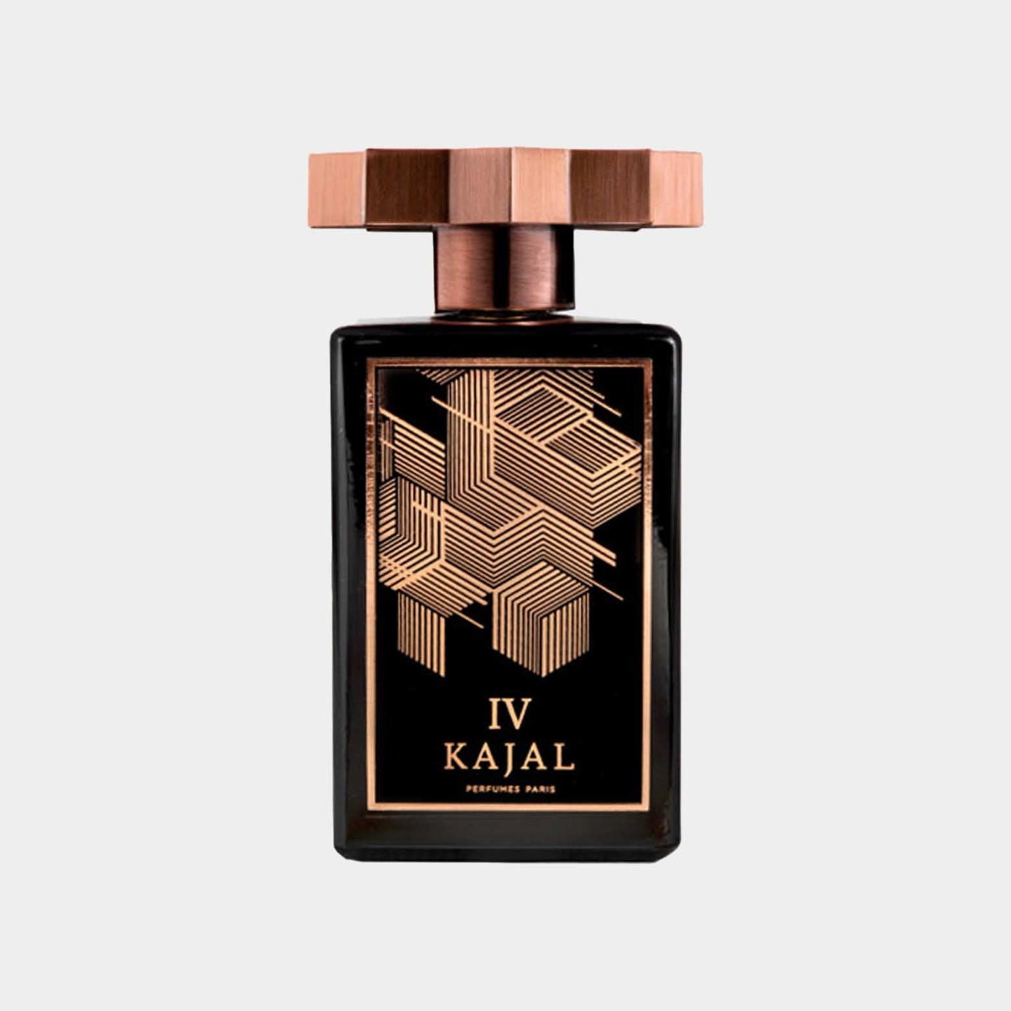 A full bottle of Kajal IV perfume, featuring a sleek black design with geometric gold accents and a stylish cube-shaped cap. The label prominently displays IV KAjal in elegant typography.