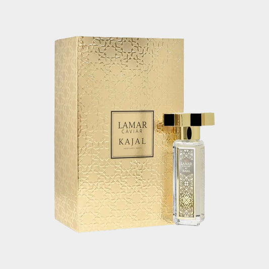 A full bottle of Kajal Lamar Caviar Parfum D'Eau is elegantly packaged in a decorative gold box, showcasing a luxurious design with intricate patterns. The perfume bottle features a clear glass design topped with a gold cap.