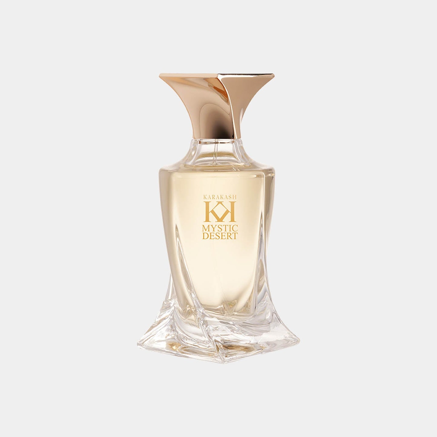 A beautifully designed perfume bottle of 'Karakash Mystic Desert Sample', featuring a sleek, modern shape with a golden cap and a clear liquid inside, embodying an elegant and luxurious aesthetic.