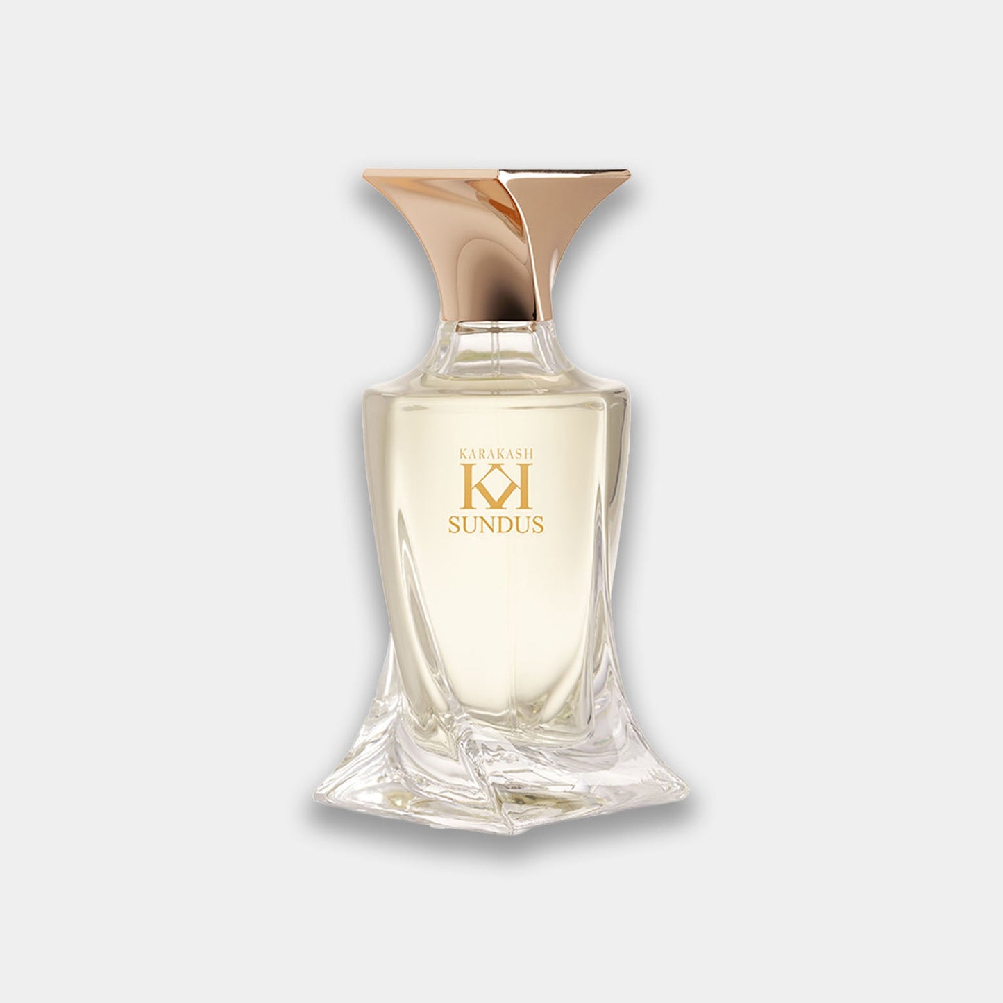 A sleek glass perfume bottle labeled 'Karakash Sundus Sample,' featuring an elegant gold cap and a distinctive design, showcasing a light, translucent liquid inside.