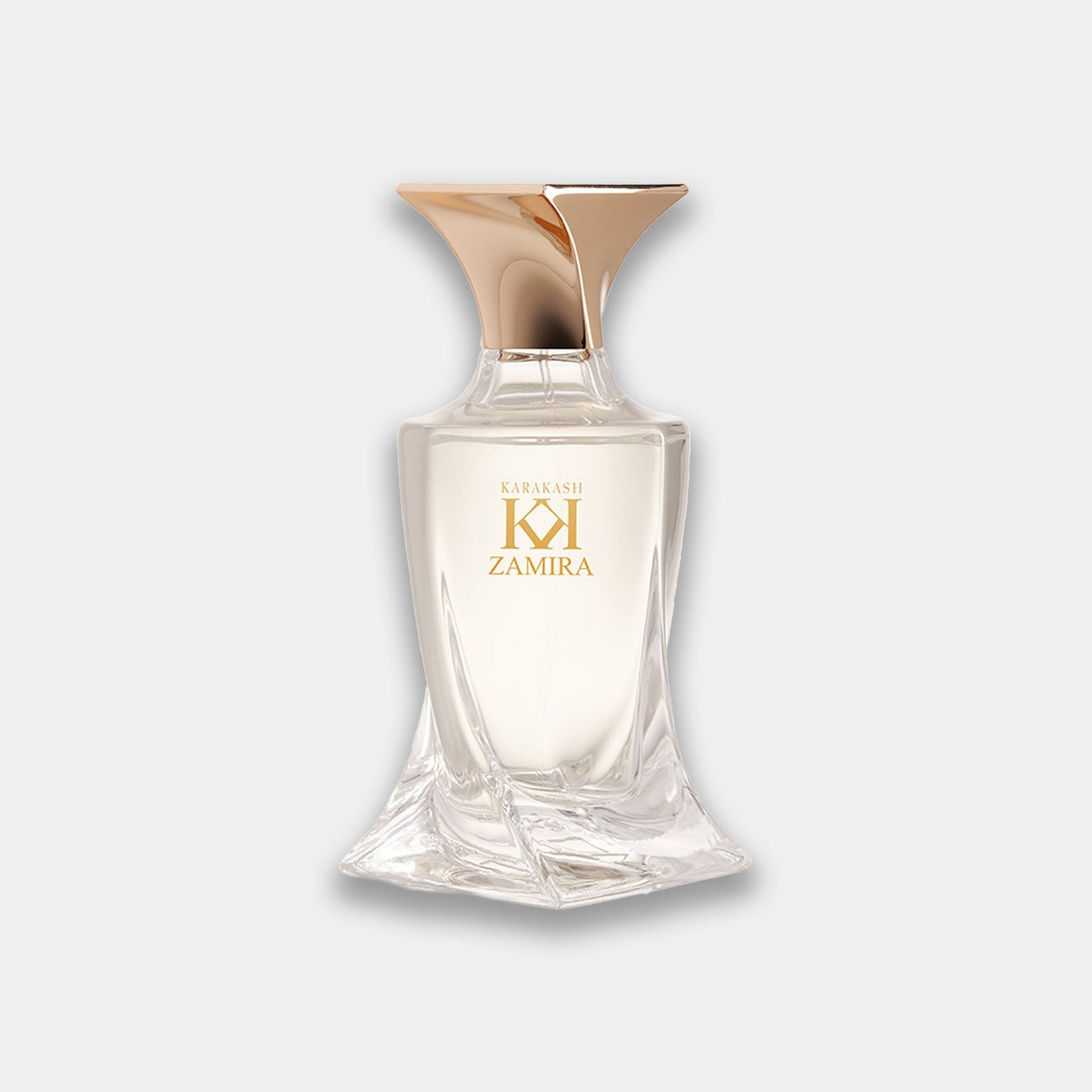 A sleek and elegant bottle of Karakash Zamira Sample perfume, featuring a stylish gold and clear design with a distinct angular cap. The bottle showcases the luxurious fragrance within, highlighted by a gold logo.