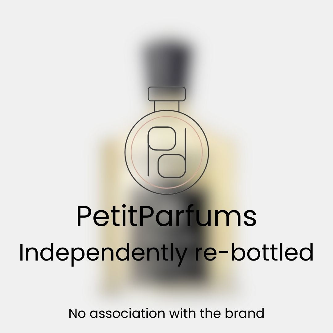 A small sample bottle labeled 'Royal Oud Sample' by PetitParfums, featuring a minimalist design. The bottle is re-bottled independently, with a disclaimer noting no association with the original brand.