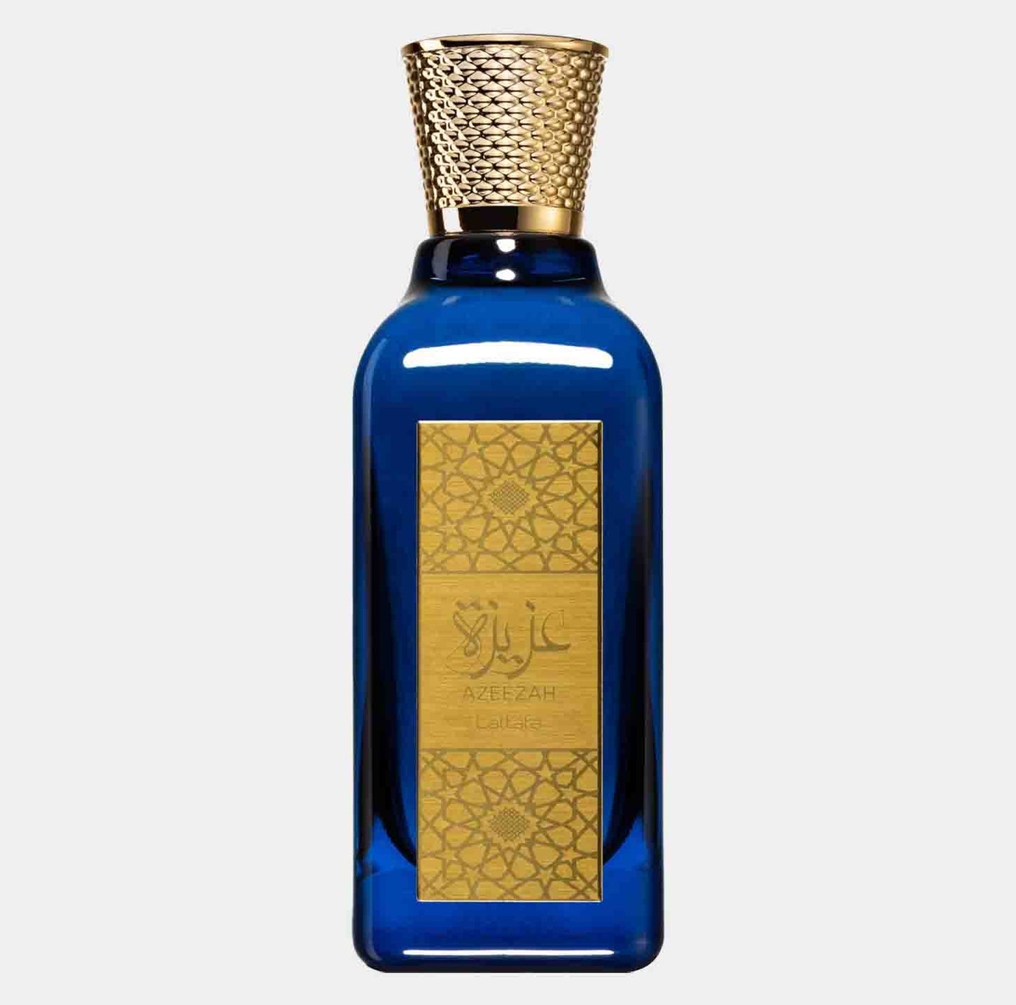 Azeezah by Lattafa Perfumes is a luxurious sample fragrance presented in an elegant blue bottle with a decorative gold label and a textured gold cap. The design reflects a blend of modern and traditional elements, showcasing the essence of the perfume.