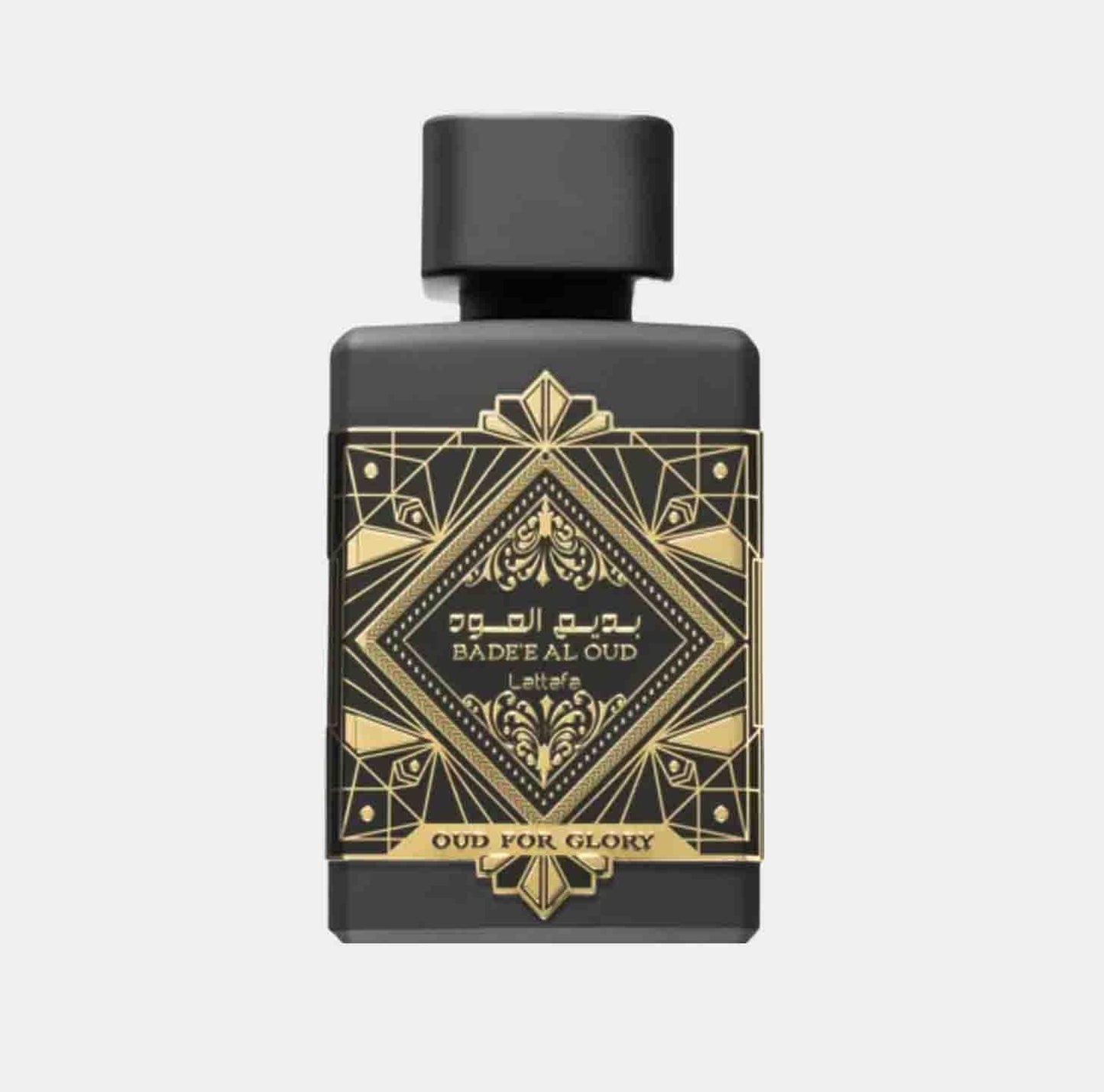 A sleek black perfume bottle adorned with intricate gold designs, featuring the label 'Lattafa Perfumes Oud for Glory Sample'.