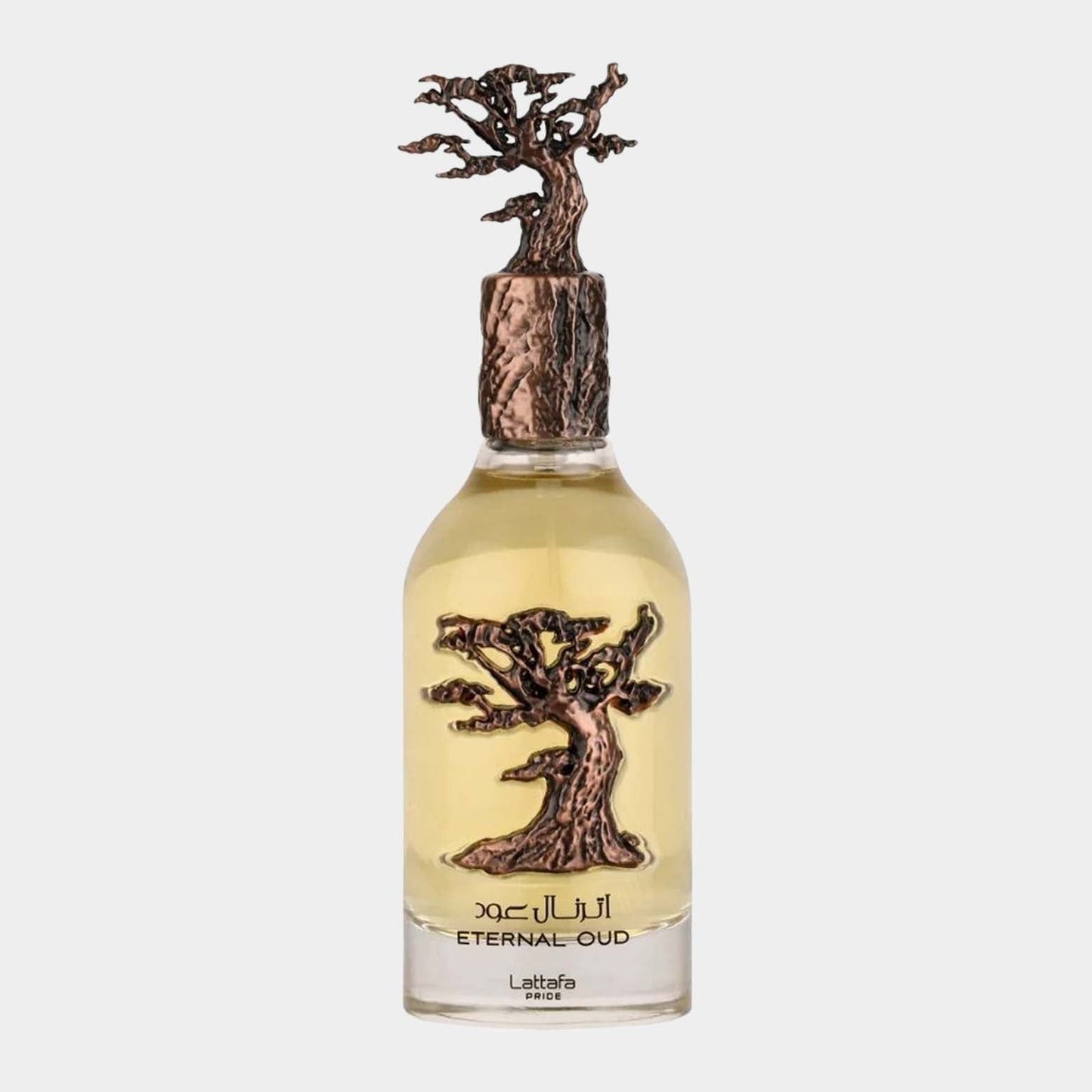 A bottle of Lattafa Pride Eternal Oud Sample, featuring a unique tree-shaped cap and a golden fragrance within, showcasing a blend of elegance and nature.
