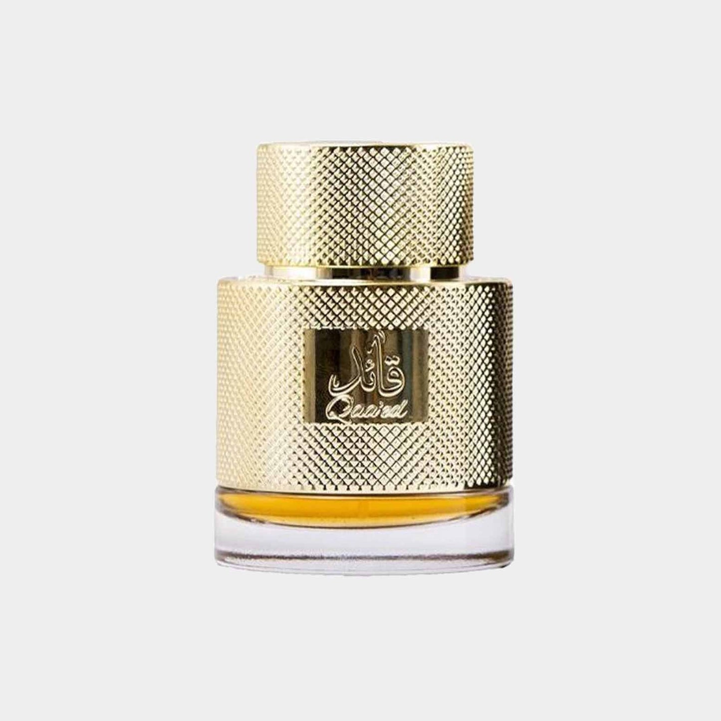 Lattafa Qaa'ed EDP full bottle features an elegant gold-patterned cap and a clear glass base showcasing the rich amber fragrance inside.