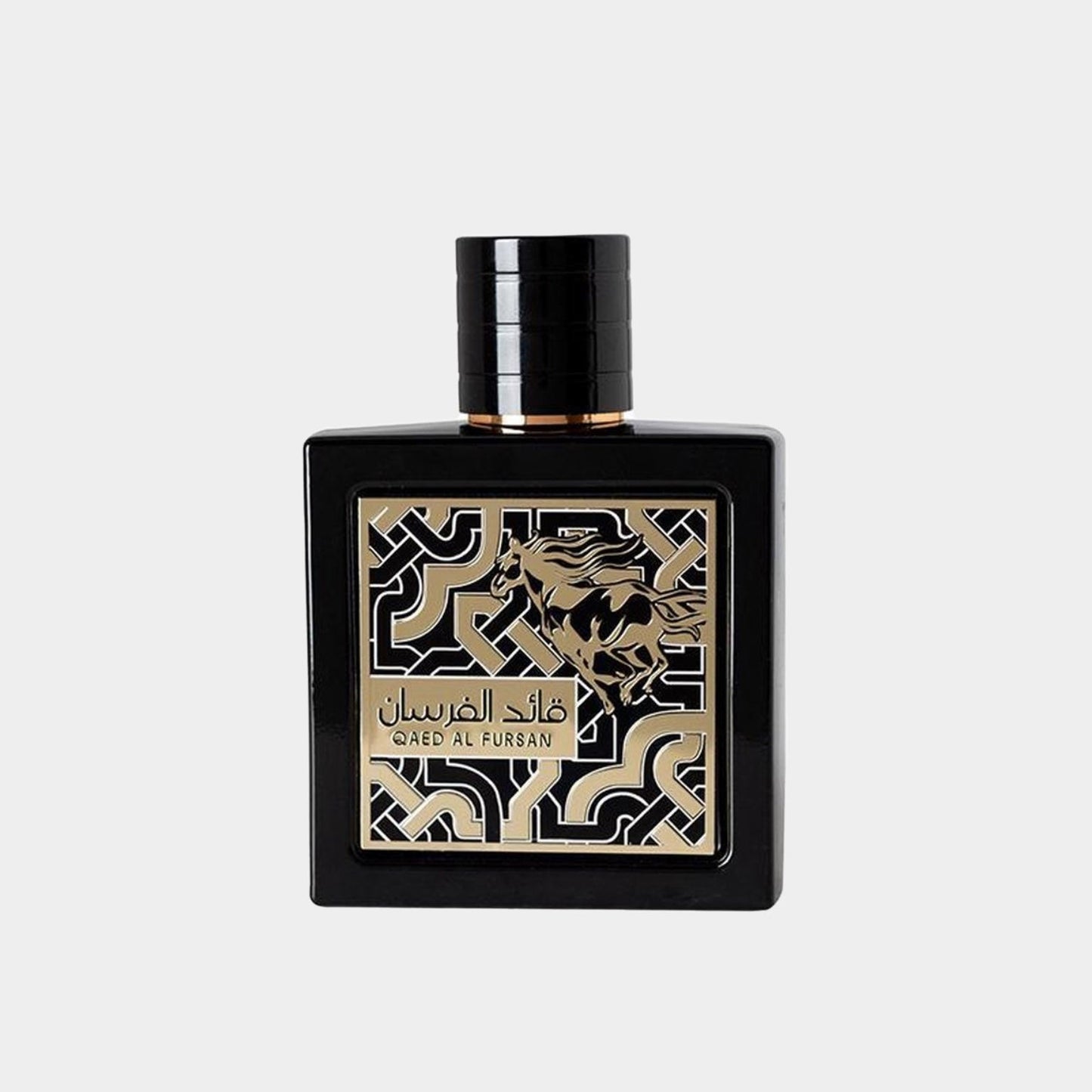 Lattafa Perfumes Qaed Al Fursan Sample features an elegant black bottle adorned with intricate gold designs and a horse motif, exuding sophistication and luxury.