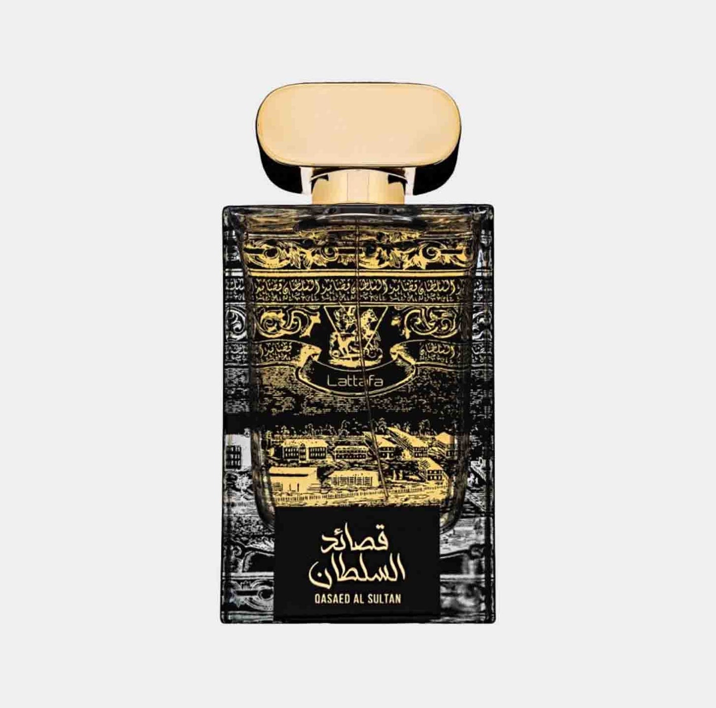 A sample bottle of Lattafa Perfumes Qasaed Al Sultan, featuring an ornate black and gold design with Arabic calligraphy and a decorative top.