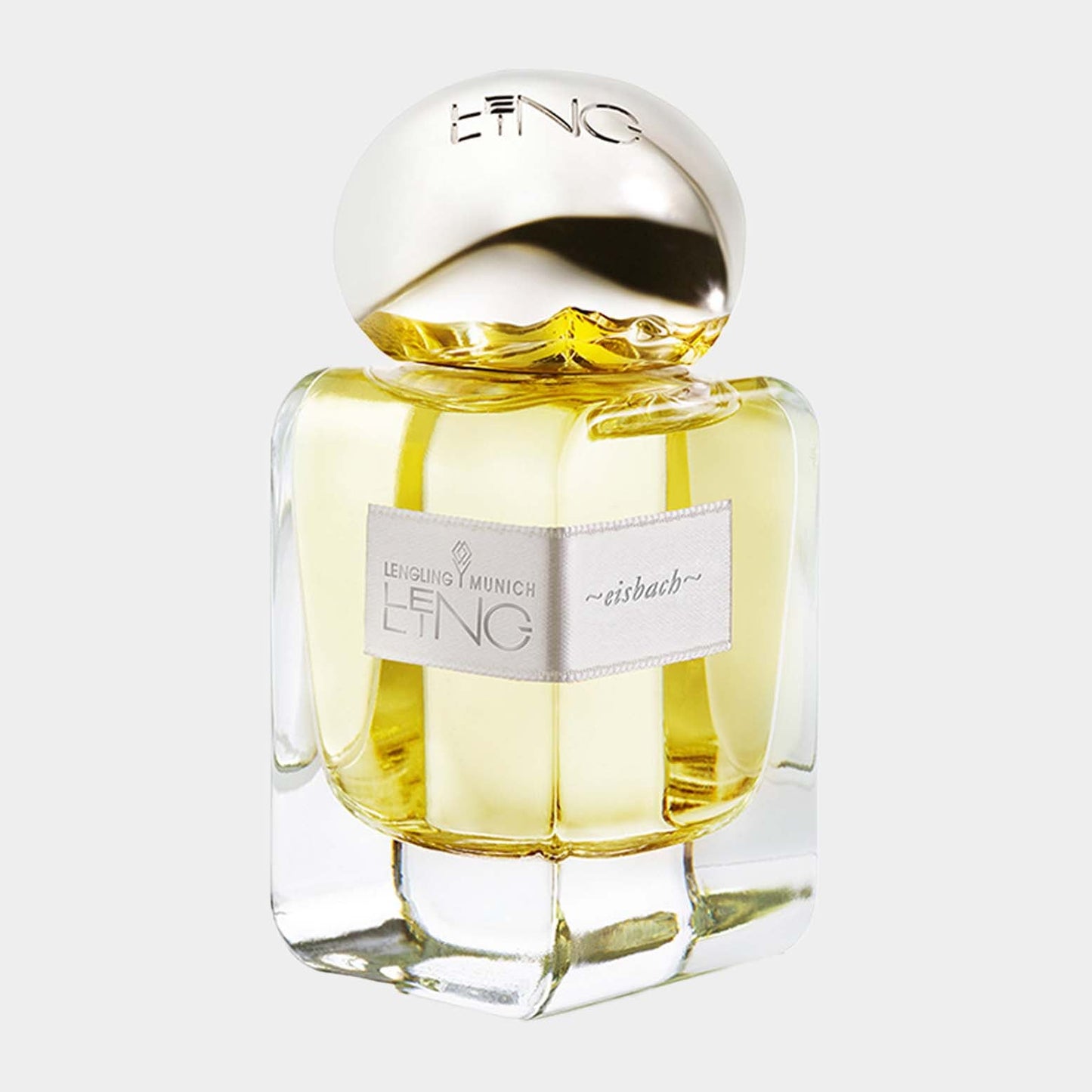 Lengling No. 5 - Eisbach Sample, featuring an elegant glass bottle with a sleek design and a reflective gold cap, containing a light yellow fragrance.