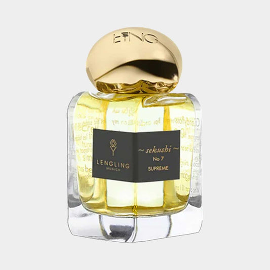 A full bottle of Lengling No. 7 - Sekushi Supreme perfume, featuring a sleek glass design with a golden cap. The fragrance exudes elegance with its vibrant yellow liquid.