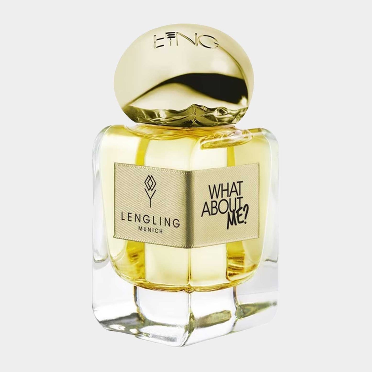 Lengling What About Me? full bottle, featuring an elegant glass design with a gold cap and a prominent label displaying the fragrance name.