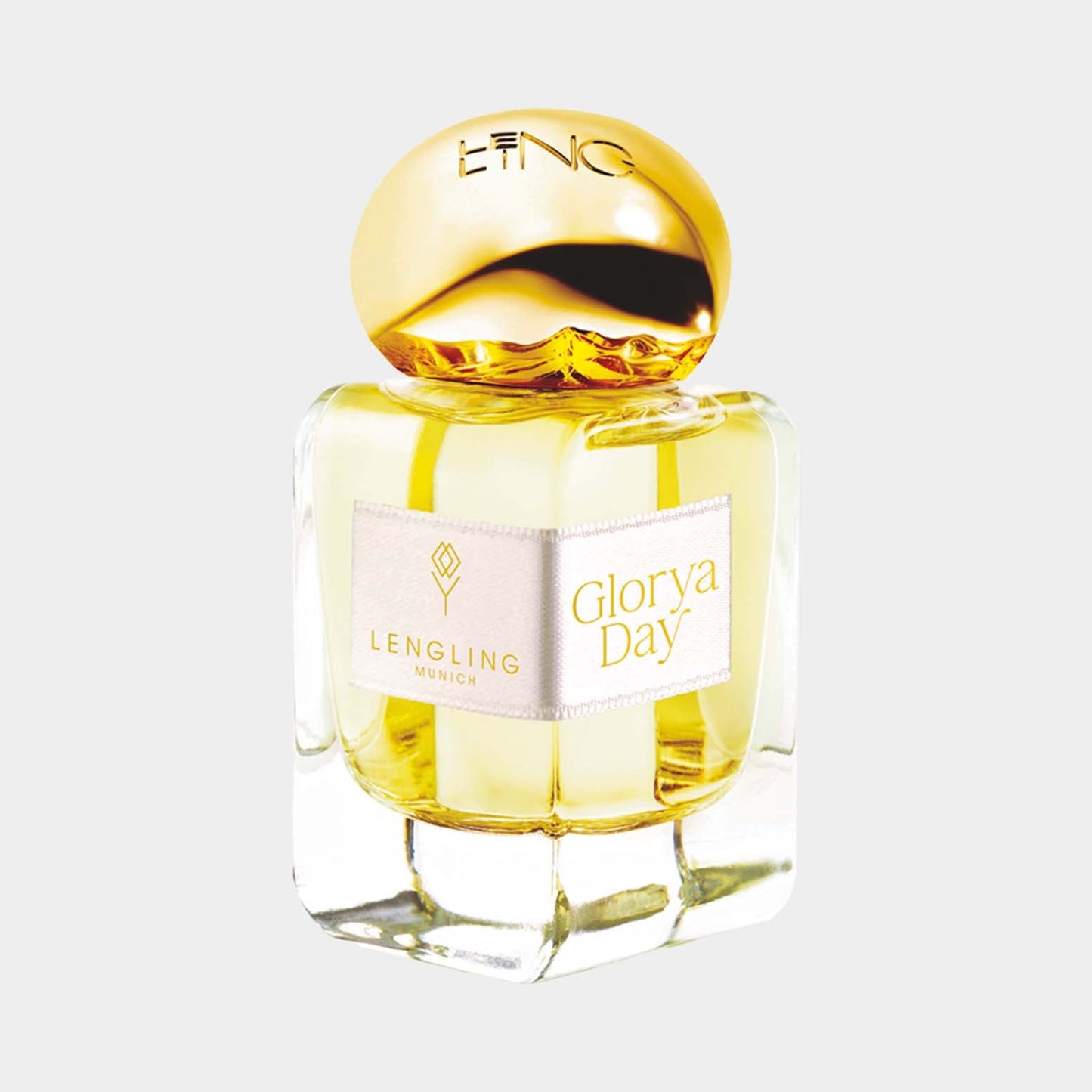 A full bottle of Lengling Glorya Day perfume, featuring a sleek glass design with a gold cap and a label that displays the fragrance name in elegant lettering.