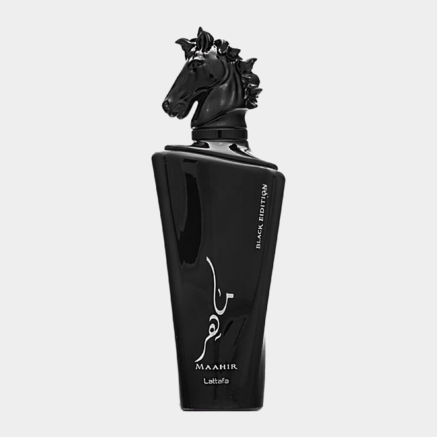 A sleek black bottle of Lattafa Perfumes Maahir Black Edition Sample, featuring a distinctive horse-head cap and elegant design.
