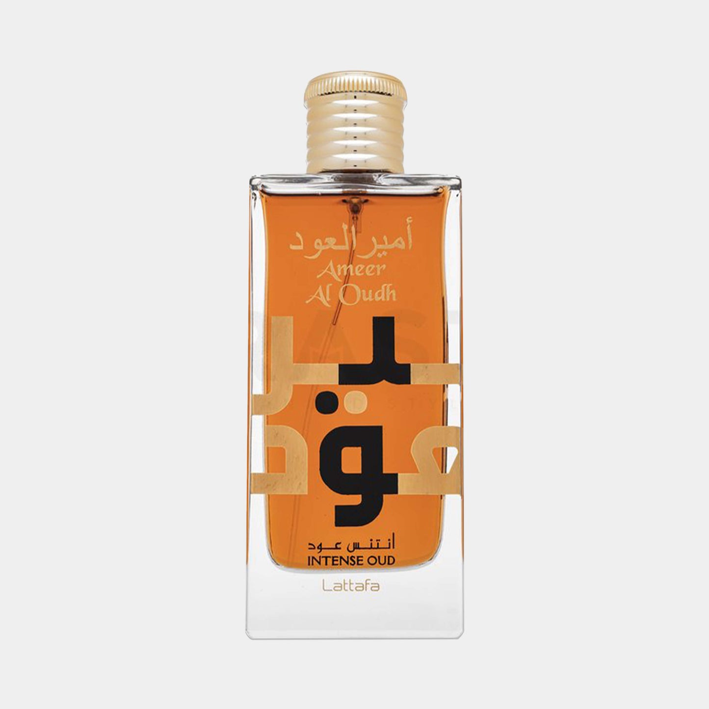 Lattafa Perfumes Ameer Al Oudh Intense Oud Sample, featuring a clear bottle with a gold cap and Arabic text, showcasing a rich, warm brown liquid inside.