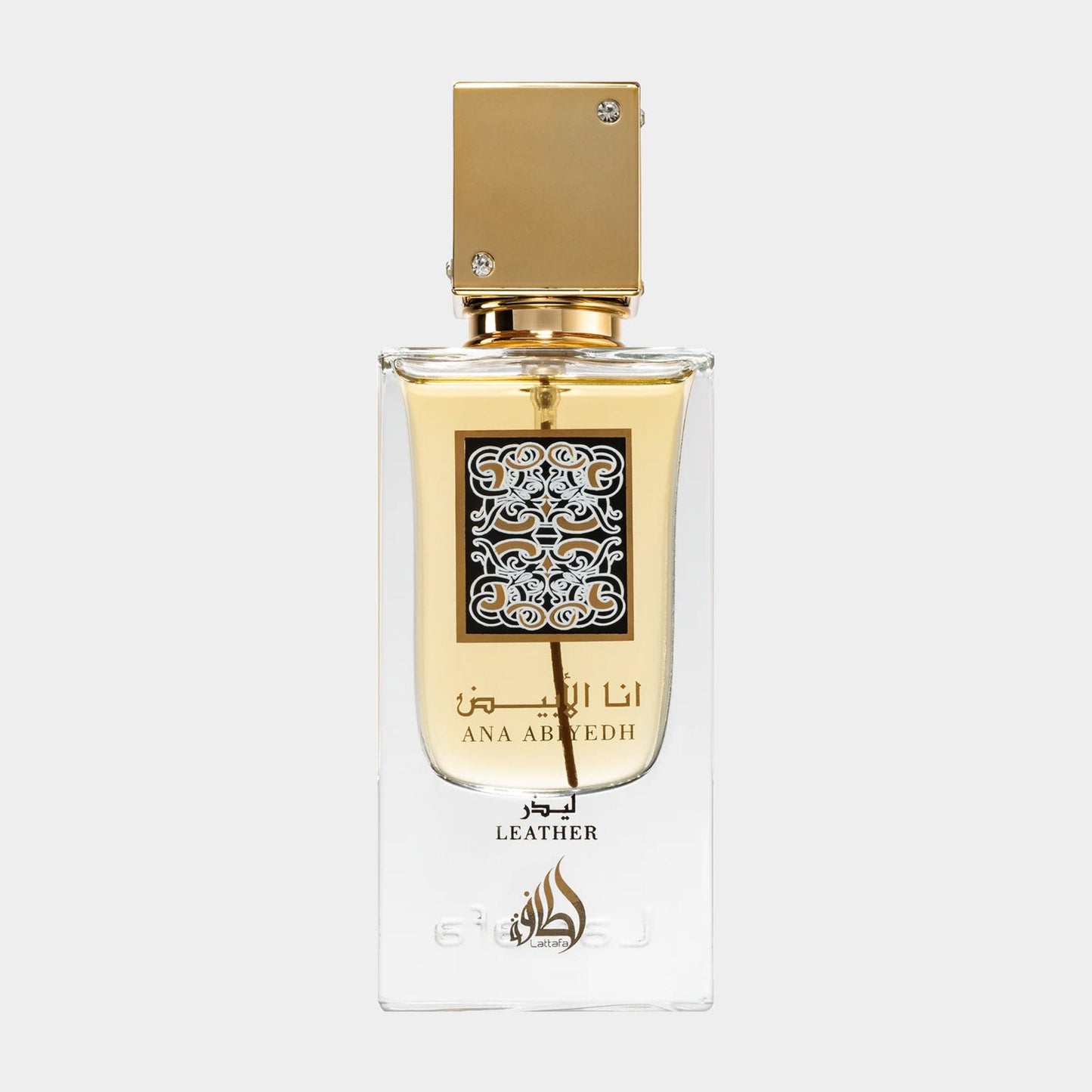 Lattafa Perfumes Ana Abiyedh Leather Sample presented in an elegant glass bottle with a gold cap and intricate label design.
