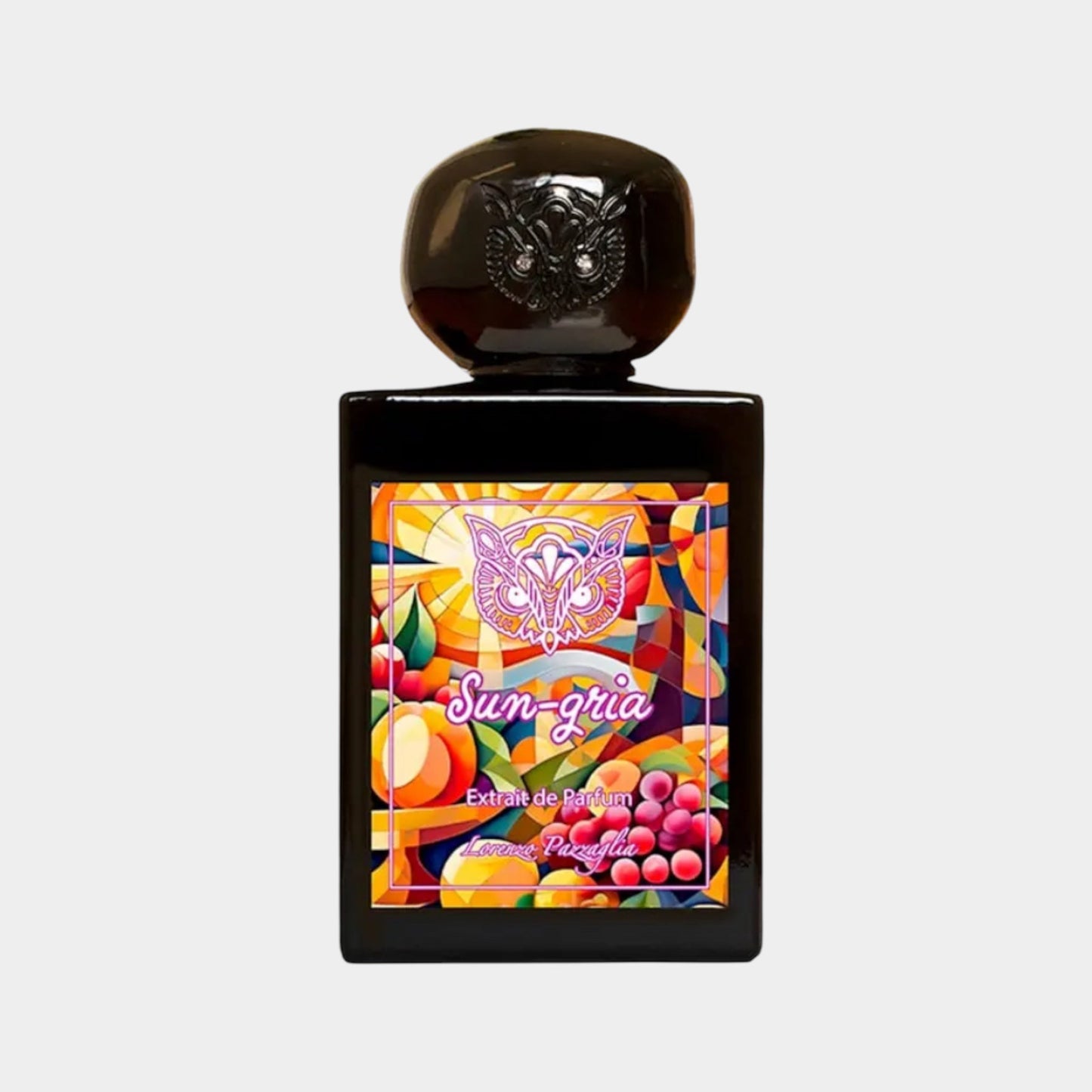 A sleek black perfume bottle featuring colorful, abstract artwork on the label, showcasing the name Sun-gria and Lorenzo Pazzaglia prominently. The bottle is topped with an ornate cap, enhancing its elegant design.