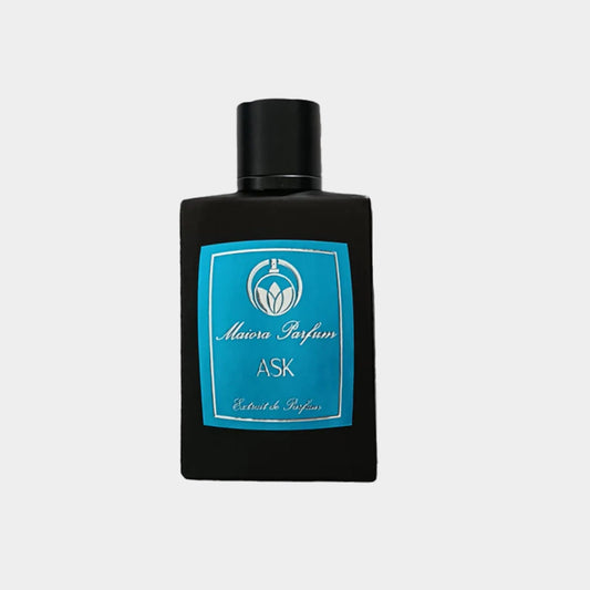 A sleek black bottle of Maiora Ask Sample perfume, featuring a blue label with the brand name and fragrance title in elegant lettering. The minimalist design emphasizes luxury and sophistication.