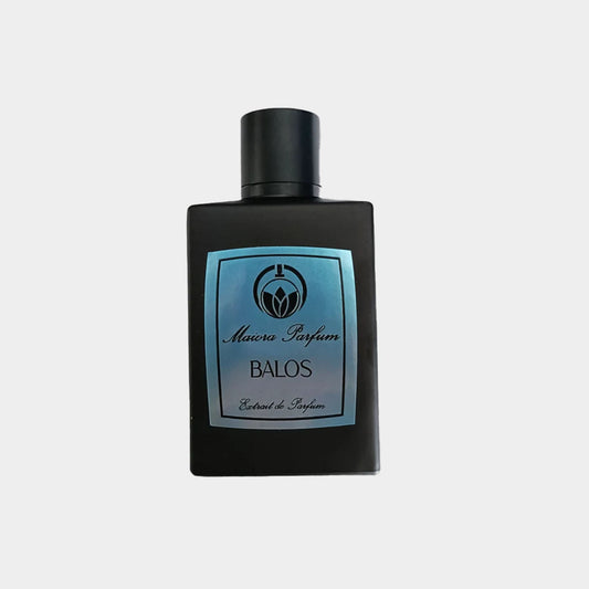 A black rectangular bottle of Maiora Balos perfume, featuring a blue label with the brand name and fragrance title, presented against a neutral background.