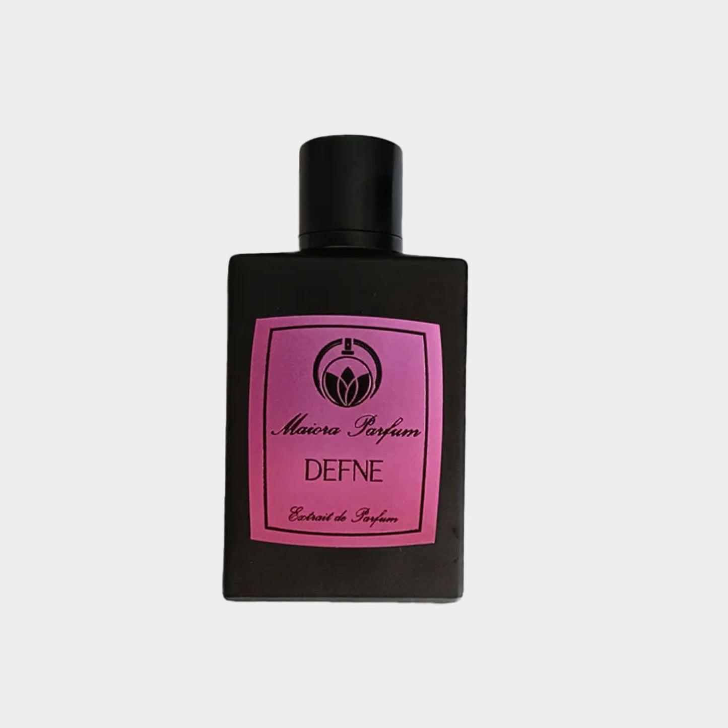 Maiora Defne full bottle, featuring a sleek black design with a vibrant pink label, showcasing the fragrance name 'DEFNE' in elegant typography.