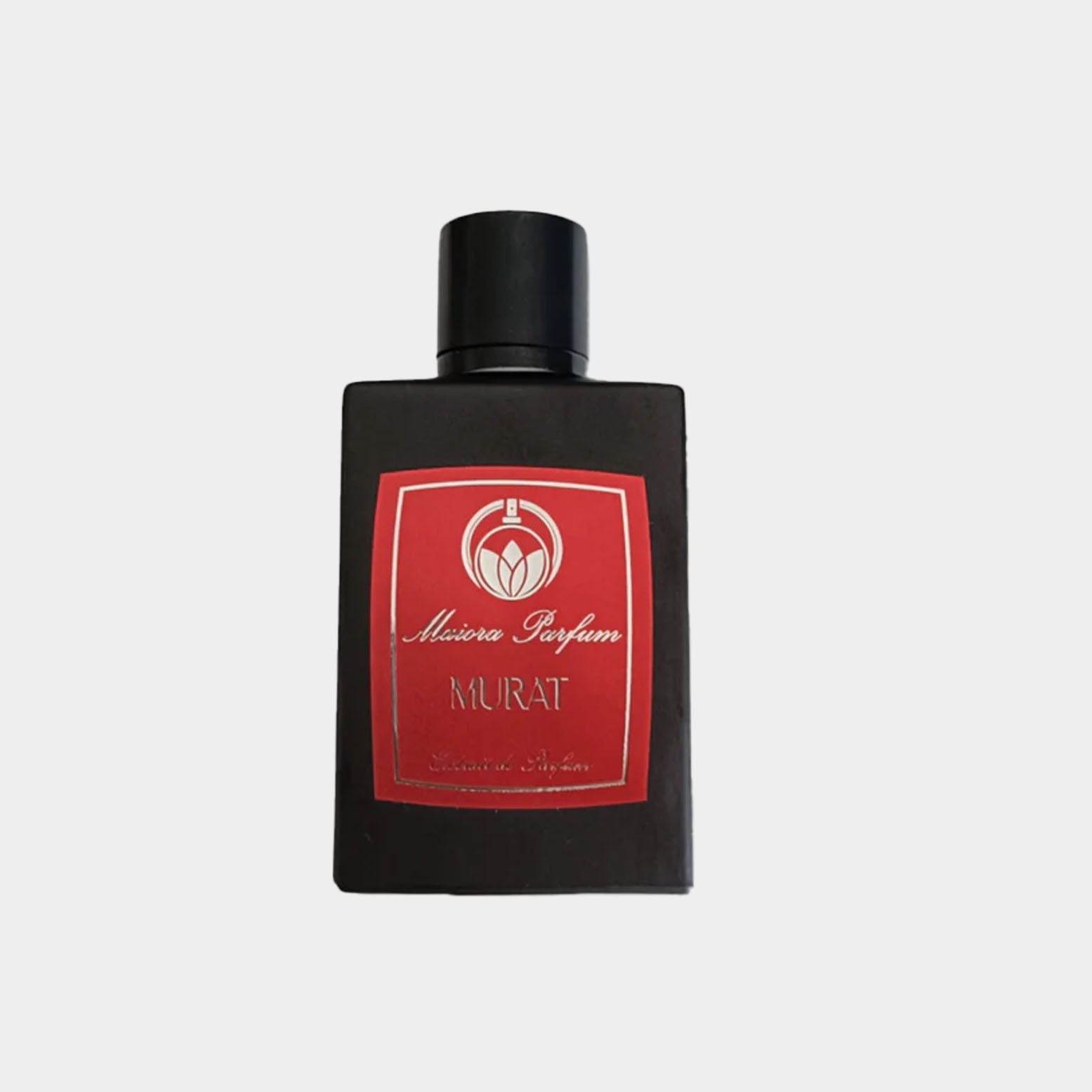 Maiora Murat Sample, a sleek black perfume bottle with a prominent red label, designed for a luxurious fragrance experience.